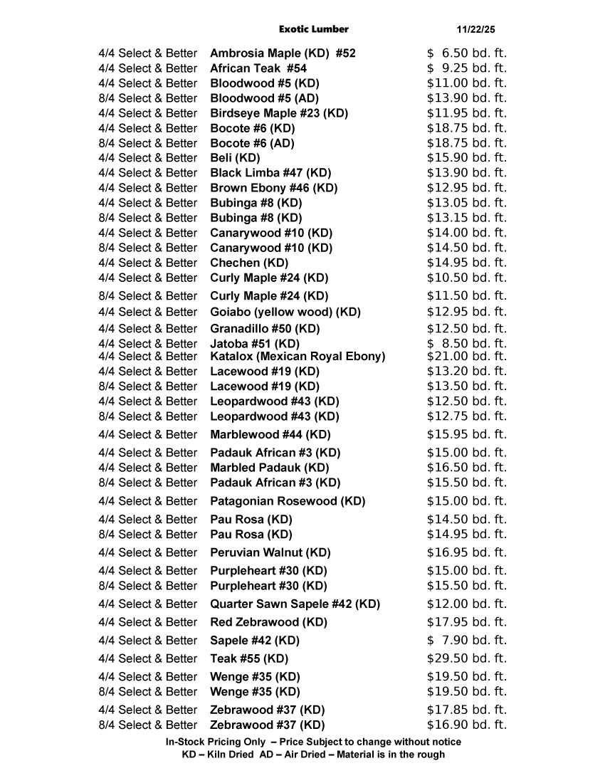 Exotic Lumber Price List